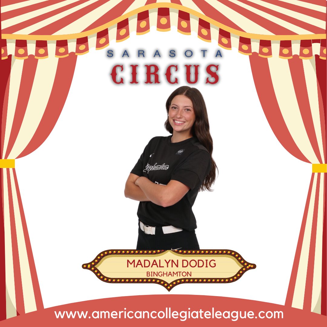 Sarasota Circus (@circussb) on Twitter photo Welcome to the 2025 Sarasota Circus, <a href="/DodigMaddy/">Maddy Dodig</a> from <a href="/BinghamtonSOFT/">Binghamton Softball</a> coming to the <a href="/FGCLsoftball/">Florida Gulf Coast League</a> for the greatest show on dirt & the beach‼️🏖️
#BigTop🎪
Players Register:⬇️
AmericanCollegiateLeague.com
#fastpitchunited #playball Welcome to the 2025 Sarasota Circus, <a href="/DodigMaddy/">Maddy Dodig</a> from <a href="/BinghamtonSOFT/">Binghamton Softball</a> coming to the <a href="/FGCLsoftball/">Florida Gulf Coast League</a> for the greatest show on dirt & the beach‼️🏖️
#BigTop🎪
Players Register:⬇️
AmericanCollegiateLeague.com
#fastpitchunited #playball