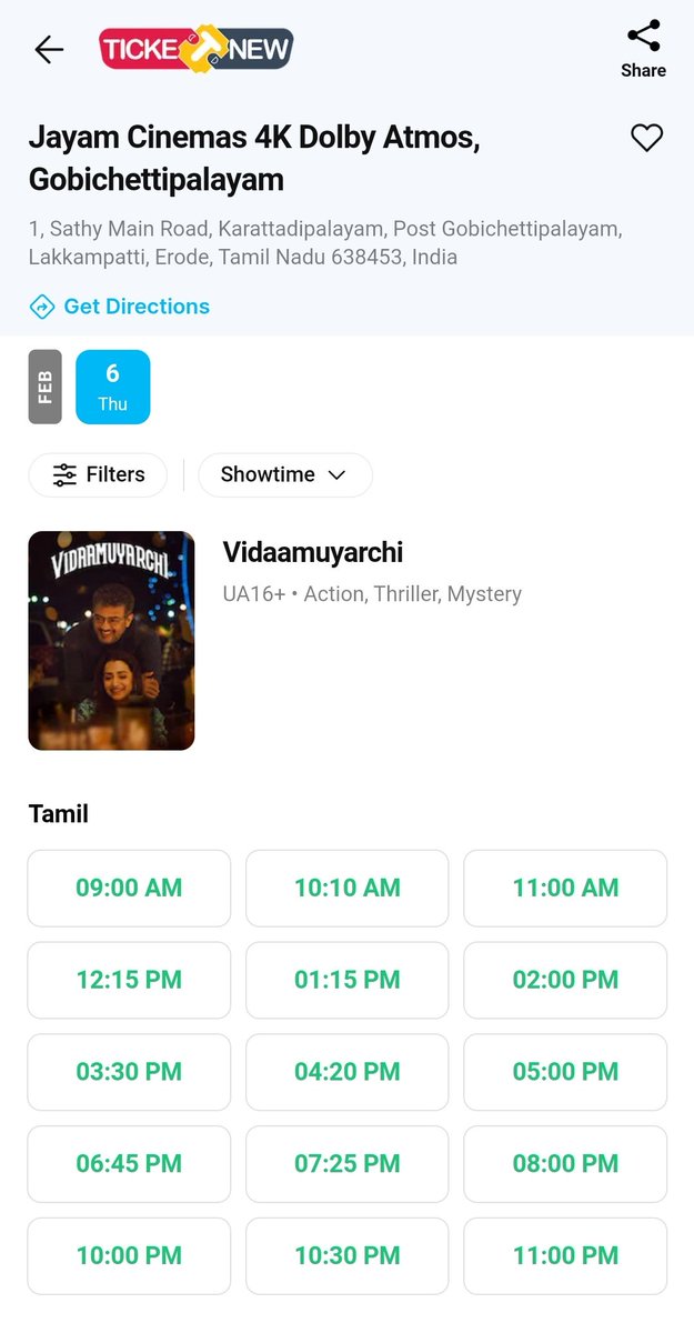 Gobichettipalayam Cinemas📽 (@gobi_cinemas) on Twitter photo #VidaaMuyarachi
BOOKINGS OPEN NOW‼️💥
#Gobi <a href="/JayamCinemas/">Jayam Cinemas</a> A/C | 4K ATMOS
Online <a href="/TicketNew/">TicketNew</a> @lifeindistrict🎟️
<a href="/TFC_mass/">AJITH FANS COMMUNITY</a> <a href="/TrollywoodX/">Trollywood 𝕏</a>
<a href="/AjithUKFans/">AJITH UK FANS ™</a> <a href="/Nelson_Ji/">Nelson Ji ᴿᵉᵈ ᴰʳᵃᵍᵒⁿ 🐦🔥</a>
<a href="/iamrahman_offl/">Rahman</a> <a href="/tweettopals/">Dr.Pals</a>
<a href="/Ak_Trends/">AK TRENDS</a> #VidaaMuyarchiBookings
#VidaaMuyarchiFestival
<a href="/KanthaswamyC/">Kanthaswamy Arts Centre</a> #Gobichettipalayam #VidaaMuyarachi
BOOKINGS OPEN NOW‼️💥
#Gobi <a href="/JayamCinemas/">Jayam Cinemas</a> A/C | 4K ATMOS
Online <a href="/TicketNew/">TicketNew</a> @lifeindistrict🎟️
<a href="/TFC_mass/">AJITH FANS COMMUNITY</a> <a href="/TrollywoodX/">Trollywood 𝕏</a>
<a href="/AjithUKFans/">AJITH UK FANS ™</a> <a href="/Nelson_Ji/">Nelson Ji ᴿᵉᵈ ᴰʳᵃᵍᵒⁿ 🐦🔥</a>
<a href="/iamrahman_offl/">Rahman</a> <a href="/tweettopals/">Dr.Pals</a>
<a href="/Ak_Trends/">AK TRENDS</a> #VidaaMuyarchiBookings
#VidaaMuyarchiFestival
<a href="/KanthaswamyC/">Kanthaswamy Arts Centre</a> #Gobichettipalayam