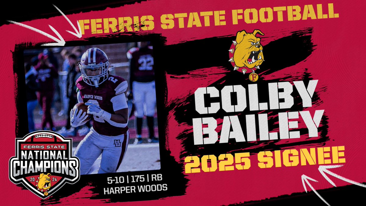 Ferris St. Football (@ferrisfootball) on Twitter photo FSU SIGNEE! Harper Woods tailback Colby Bailey is headed to Big Rapids and joins the National Champs! Now officially a DAWG! Welcome! #FSUNSD25 <a href="/ColbyBailey1k/">Colby Bailey</a> FSU SIGNEE! Harper Woods tailback Colby Bailey is headed to Big Rapids and joins the National Champs! Now officially a DAWG! Welcome! #FSUNSD25 <a href="/ColbyBailey1k/">Colby Bailey</a>