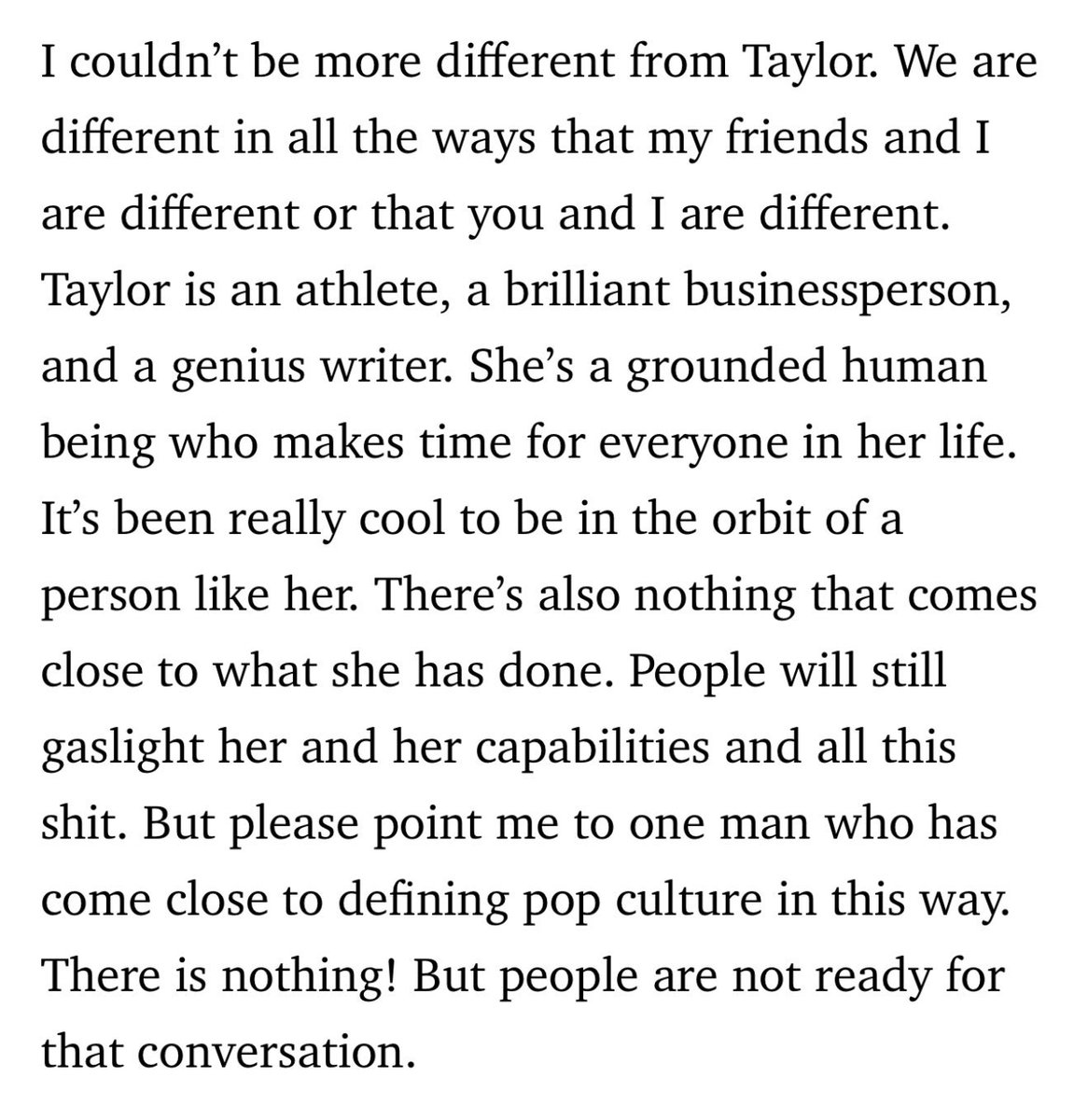 “But please point me to one man who has come close to defining pop culture in this way. There is nothing! But people are not ready for that conversation.” OH GRACIE YOU ATE