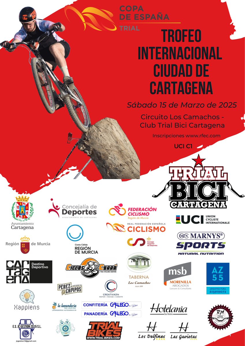 #CopaEspañaTrial | 📝 Ya está abierto el plazo de inscripción para participar en el Trofeo Internacional Ciudad de Cartagena, primera prueba de la Copa de España de Trial 2025

📆 15 de marzo
📍 Cartagena (Murcia)

Inscripciones 🔗 tinyurl.com/5ynctxcf