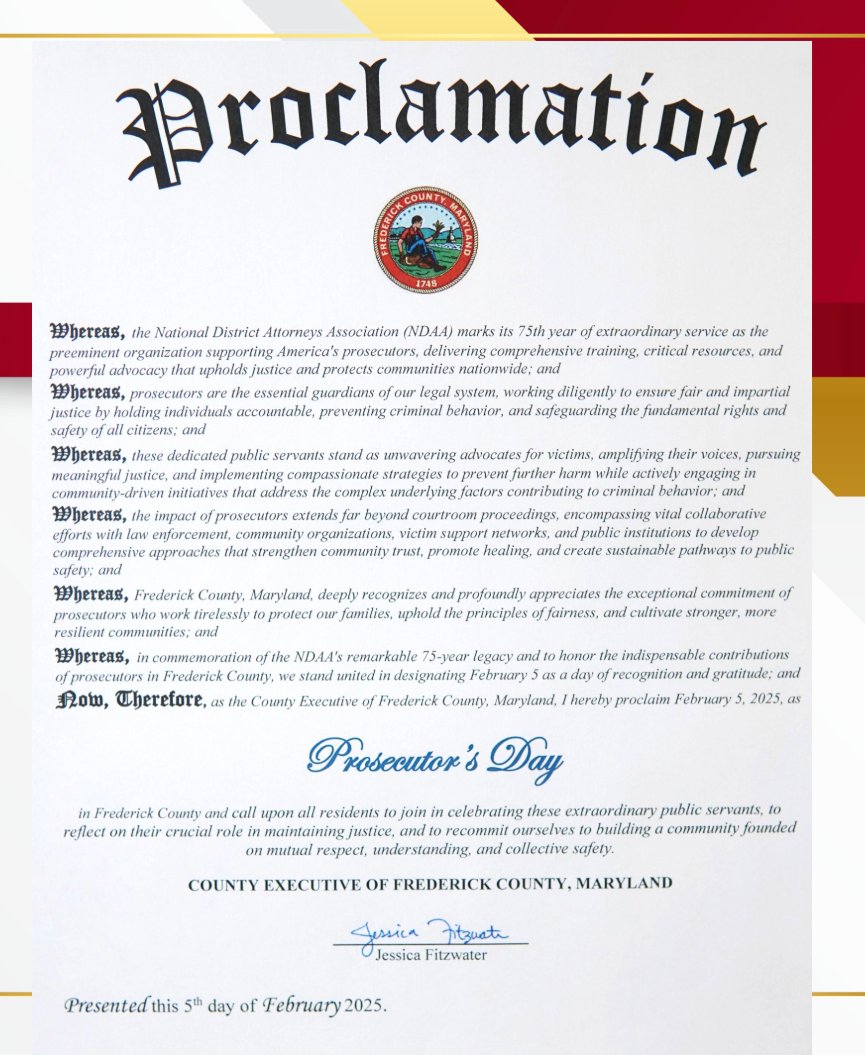 County Executive Proclaims February 5th Prosecutor’s Day to Honor Local Prosecutors’ Role in Justice and Community Safety: statesattorney.us/county-executi…