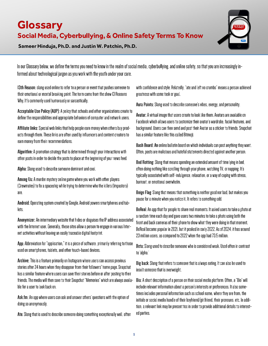 With Safer Internet Day in six days (Feb 11), we've updated our *Social Media Glossary* so you can stay current on online slang and vernacular. You know what Cap and Rizz and Mid means, but what about Beige Flag? Cuffed? Fein? Roman Empire? Sneaky link? cyberbullying.org/social-media-c…