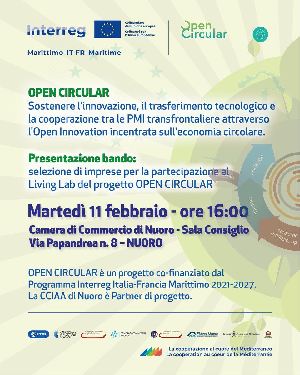 CCIAA_Nuoro's tweet image. L’11.02 h 16 è in programma un evento informativo sull’avviso per la selezione di #MPMI che parteciperanno ai #LivingLabs di #OPENCIRCULAR, co-finanziato dall&apos;Interreg Italia-Francia Marittimo 2021-2027. Link per iscrizioni: lnkd.in/dhEnvg9m
