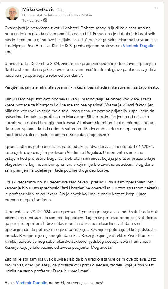 profesorkaVesna's tweet photo. Ispovest pacijenta koga je dr Dugalić operisao dok je dobijao otkaz. https://t.co/xY3V4tDrQy
