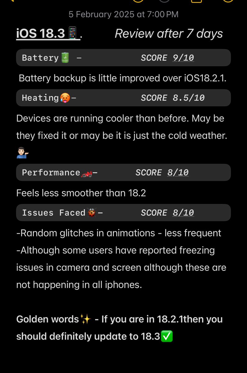 RichieBoss1298's tweet image. 🚨My iOS18.3 review after testing it for 7 days on multiple iPhones.👇🏻

#iPhone16ProMax #iPhone16Pro #iOS183 #iOS #iPhone16 #AppleIntelligence #AI #GalaxyAI #S25Ultra #OneUI7 #Android16 #Pixel9ProXL