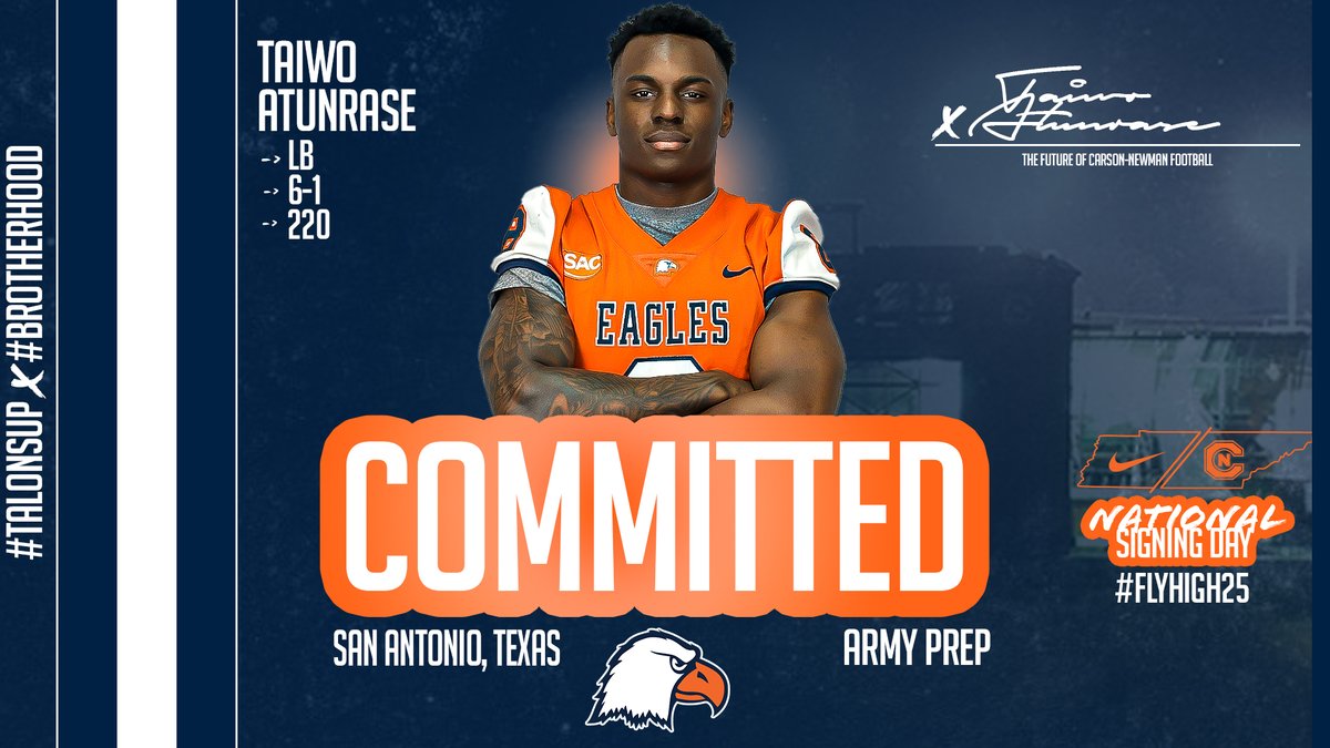 Carson-Newman Athletics (@cn_eagles) on Twitter photo 🖋️ #️⃣1️⃣
Taiwo Atunrase – LB – 6-1 – 220 – San Antonio, Texas – Robert G. Cole – Army Prep - @Atunrasetai
📋 bit.ly/2025CNnsd
#CNNSD25 x #FlyHigh25 | #TalonsUp x <a href="/cnfootball/">Carson-Newman Football</a> x #Brotherhood 🖋️ #️⃣1️⃣
Taiwo Atunrase – LB – 6-1 – 220 – San Antonio, Texas – Robert G. Cole – Army Prep - @Atunrasetai
📋 bit.ly/2025CNnsd
#CNNSD25 x #FlyHigh25 | #TalonsUp x <a href="/cnfootball/">Carson-Newman Football</a> x #Brotherhood