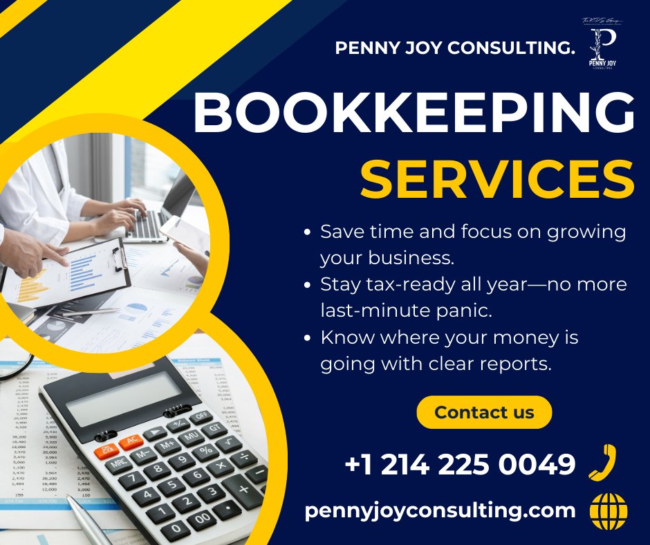 theKPSgroup's tweet photo. 📊 Professional Bookkeeping Services! 

Penny Joy Consulting makes Bookkeeping Services easy!

✅ Tax-ready all year
✅ Accurate reports
✅ More time to grow your business

Let’s handle the numbers so you can focus on success! 
Call📞 214-225-0049 

#SmallBusiness  #Bookkeeping https://t.co/Exu99NaTBP