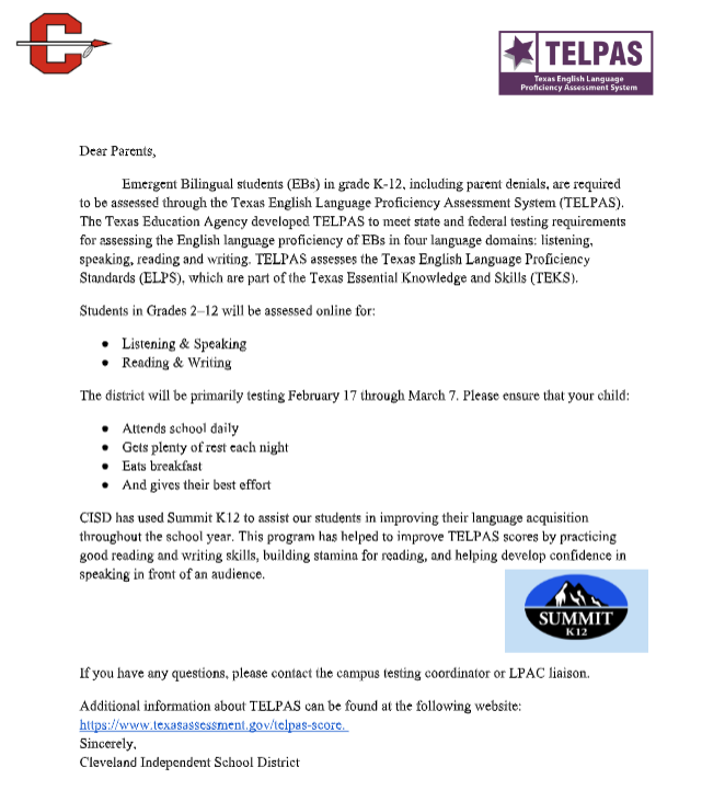 TELPAS Testing is approaching.  Please ensure that your child:
● Attends school daily
● Gets plenty of rest each night
● Eats breakfast
● And gives their best effort