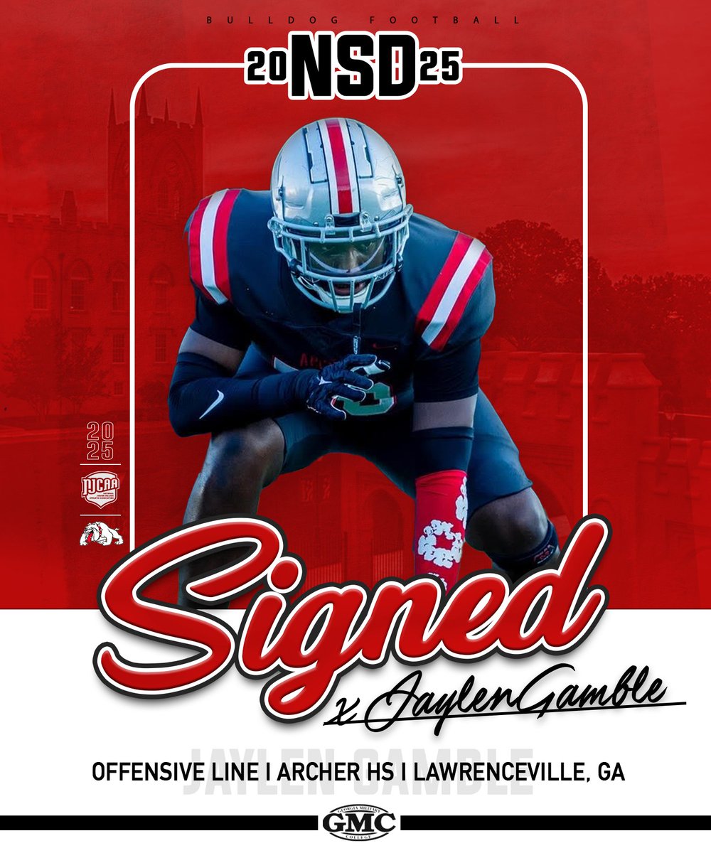 GMC Football (@gmc_football) on Twitter photo Welcome, Jaylen Gamble, to the Bulldog Family!
✅SIGNED 🦴 <a href="/JaylenGamble_/">Jaylen Gamble (6’4 275)</a>
📍<a href="/ArcherTigersFB/">Archer Tigers Football</a> ➡️Milledgeville Welcome, Jaylen Gamble, to the Bulldog Family!
✅SIGNED 🦴 <a href="/JaylenGamble_/">Jaylen Gamble (6’4 275)</a>
📍<a href="/ArcherTigersFB/">Archer Tigers Football</a> ➡️Milledgeville