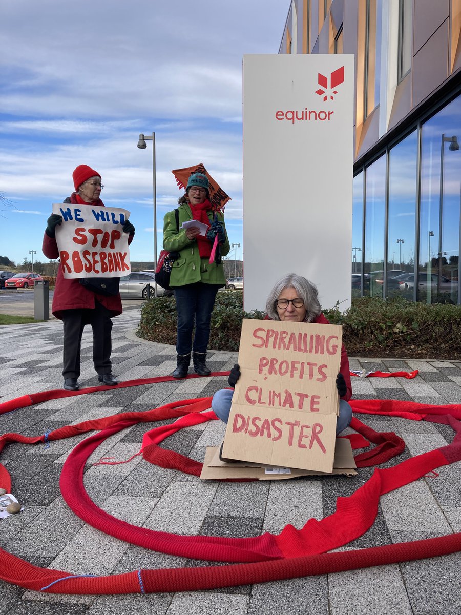 Oil giant <a href="/Equinor/">Equinor</a> announced £24billion in profits today. 

It is also increasing oil production + cutting back on renewables. 

Disgusting. 

Obscene.

So these knitting protestors went to its Aberdeen HQ to call them out. 
#StopRosebank #EquinorOut