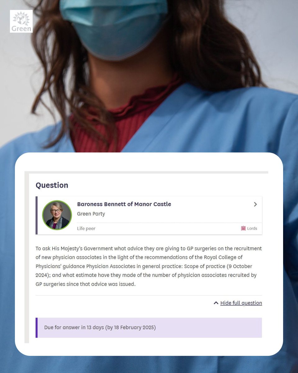 Natalie Bennett (@natalieben) on Twitter photo #HouseofLords #PhysicianAssociates
I asked this question after continuing adverts for PAs at GPs were drawn to my attention despite the Leng review and <a href="/rcgp/">Royal College of General Practitioners</a> ruling #HouseofLords #PhysicianAssociates
I asked this question after continuing adverts for PAs at GPs were drawn to my attention despite the Leng review and <a href="/rcgp/">Royal College of General Practitioners</a> ruling