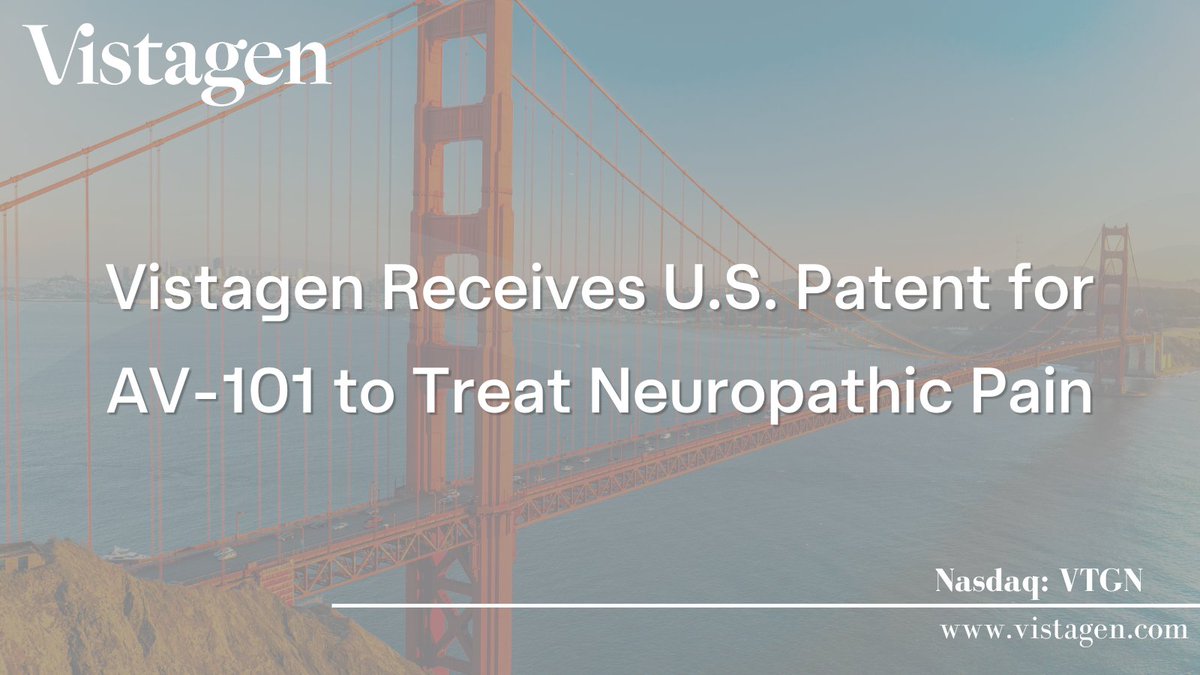 Vistagen today announced that the U.S. Patent and Trademark Office (USPTO) granted a patent to the Company for its oral non-opioid product candidate, AV-101, for the treatment of #neuropathicpain. Read more: bit.ly/42I1juj $VTGN