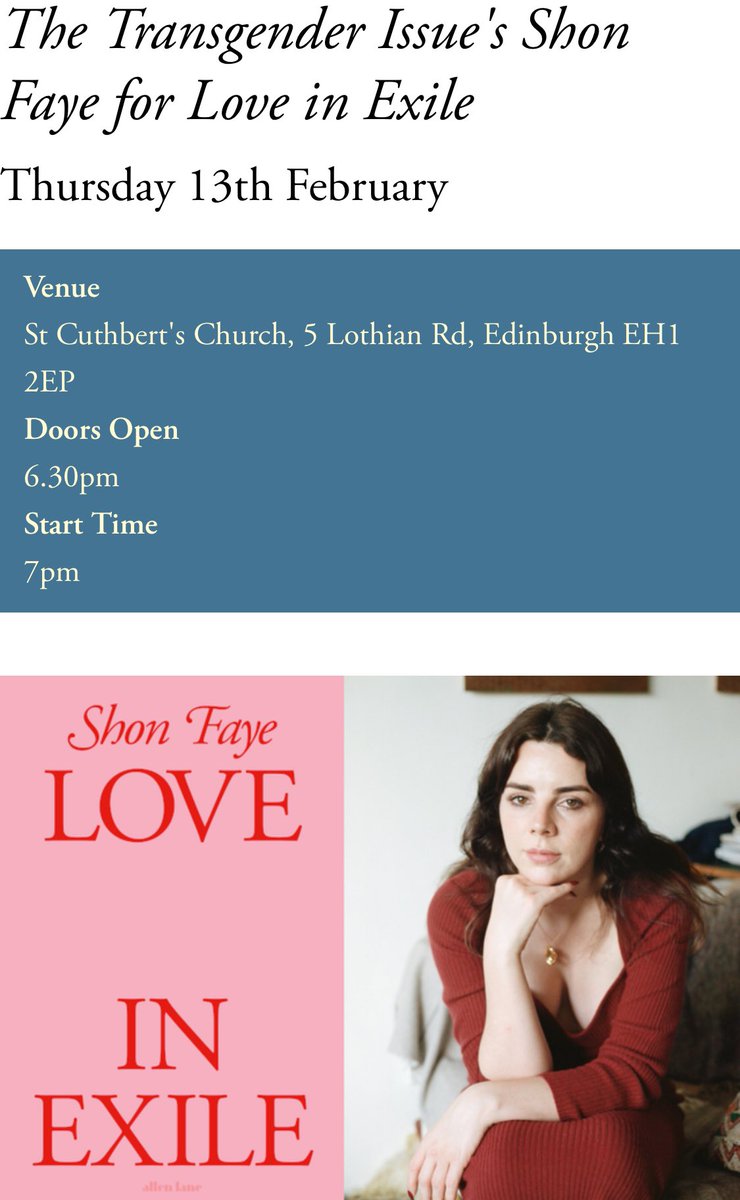 Next week! I’m excited to be interviewing Shon Faye for Topping Books Edinburgh about her very brilliant new book Love In Exile. February 13 @ 7pm! Tickets available here: toppingbooks.co.uk/events/edinbur…