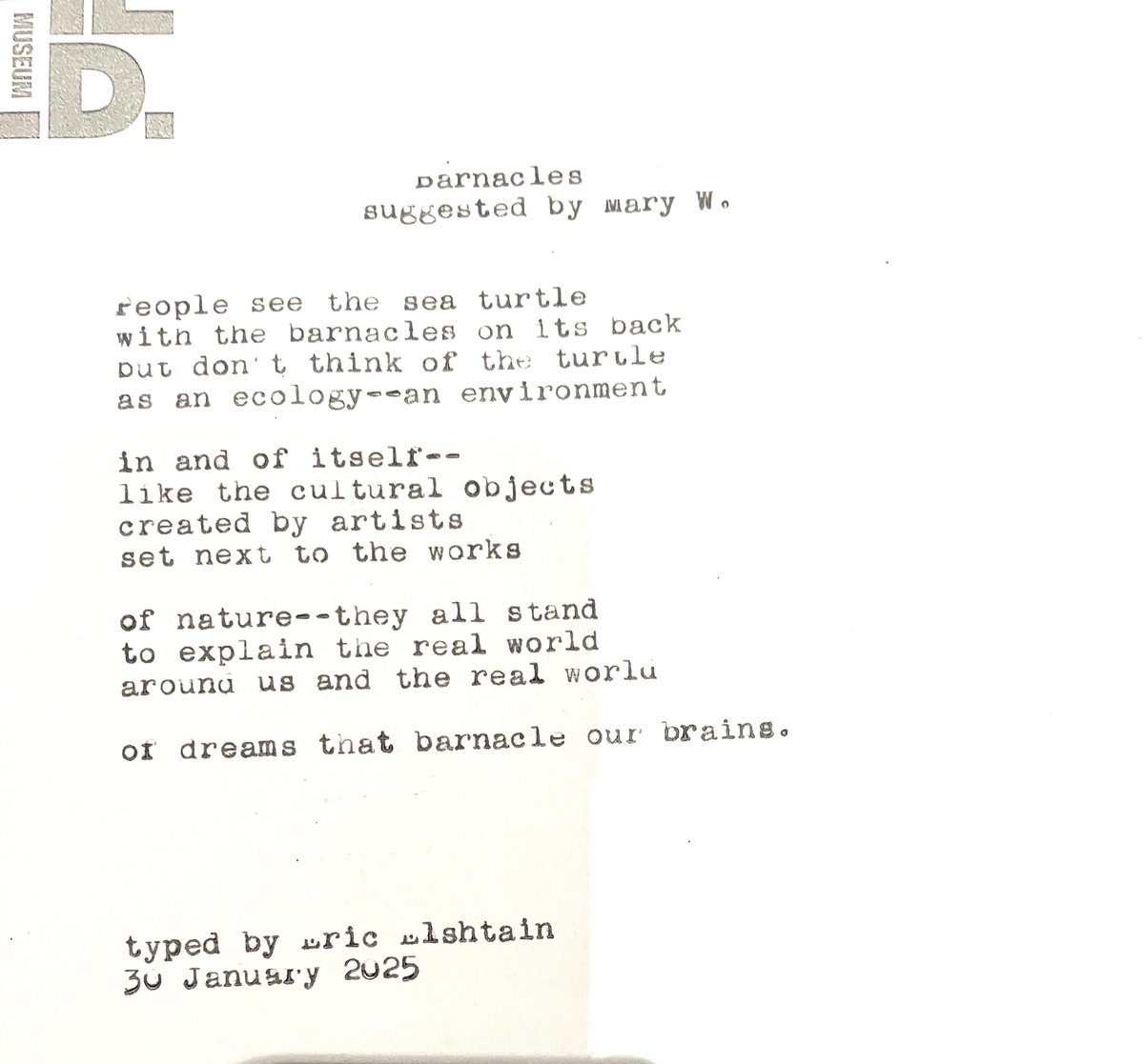 It's been a little while--but here's a poem written for a long-time Field Museum volunteer. Mary provided the content, I added an idea and sculpted it into a poem...