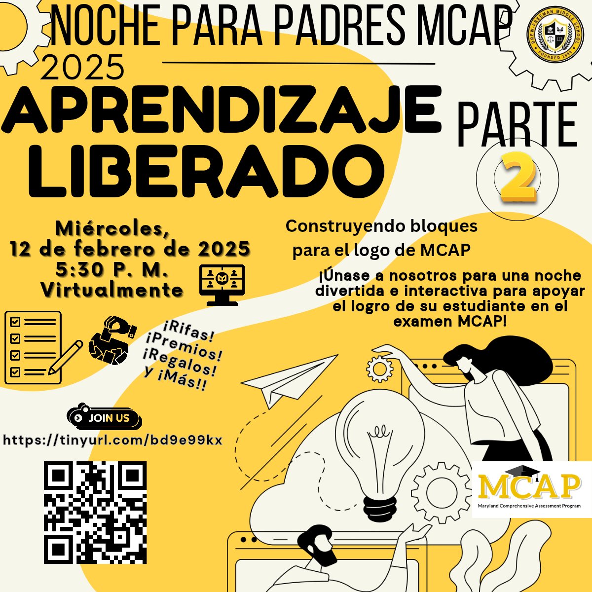 DFMS_PGCPS's tweet image. 📢 Attention Falcon Families!

 Join us for Learning Unleashed Part 2: Building Blocks for MCAP Achievement!

🗓 Date: Feb 12, 2025
⏰ Time: 5:30-6:30 PM
💻 Virtual: tinyurl.com/bd9e99kx

Get key strategies &amp;amp; resources for MCAP!

Let’s get our students geared up for success!