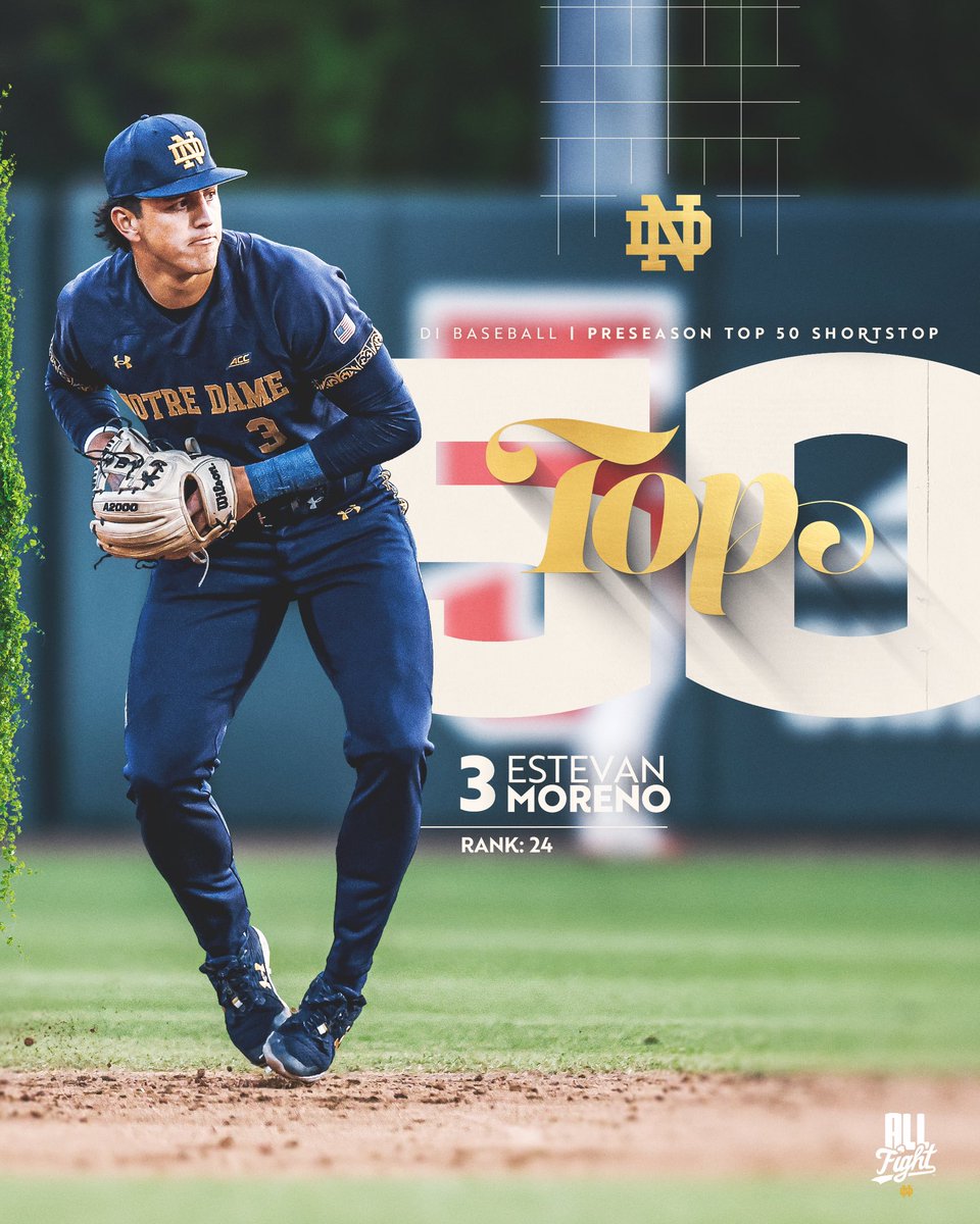 Notre Dame Baseball (@ndbaseball) on Twitter photo Estevan Moreno was named to the <a href="/d1baseball/">D1Baseball</a> Preseason Top 50 Shortstops list for the 2025 season!
#GoIrish ☘️ Estevan Moreno was named to the <a href="/d1baseball/">D1Baseball</a> Preseason Top 50 Shortstops list for the 2025 season!
#GoIrish ☘️