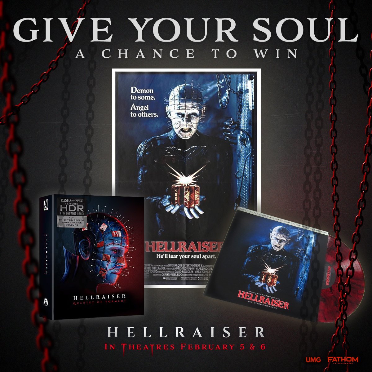 Clive Barker's HELLRAISER returns to theaters with a new 4K restoration on February 5 &amp; 6, and Fathom Events has provided us with TWO GIVEAWAY PRIZE PACKS including:

(1) Limited Edition 4K UHD set (Region 2) - $80.60

(1) Limited Edition Blu-ray (Region 2) - $74.40

(1)