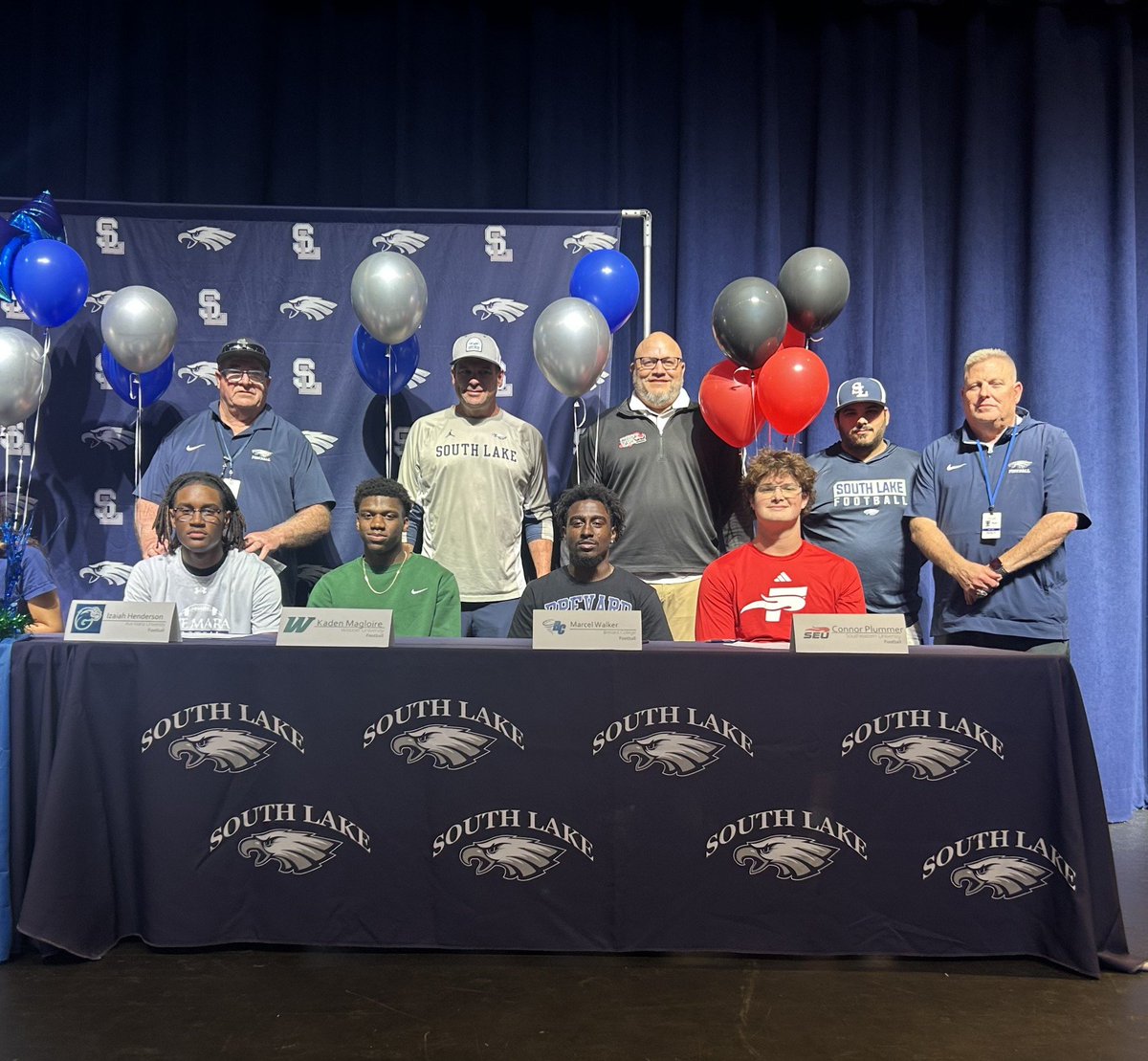 Brad Lord (@brad_lord) on Twitter photo <a href="/FootballSlhs/">SLHS Football</a> <a href="/SLHSEagleNation/">SLHS Athletics</a> <a href="/OS_ChrisHays/">Chris Hays</a>
Shoutout to South Lake High School Student/ Athletes signing to play at the next level. L/R Izaiah Henderson Ave Maria, Kaden Magloire Webber International, Marcel Walker- Brevard College, & Connor Plummer Southeastern University. <a href="/FootballSlhs/">SLHS Football</a> <a href="/SLHSEagleNation/">SLHS Athletics</a> <a href="/OS_ChrisHays/">Chris Hays</a>
Shoutout to South Lake High School Student/ Athletes signing to play at the next level. L/R Izaiah Henderson Ave Maria, Kaden Magloire Webber International, Marcel Walker- Brevard College, & Connor Plummer Southeastern University.