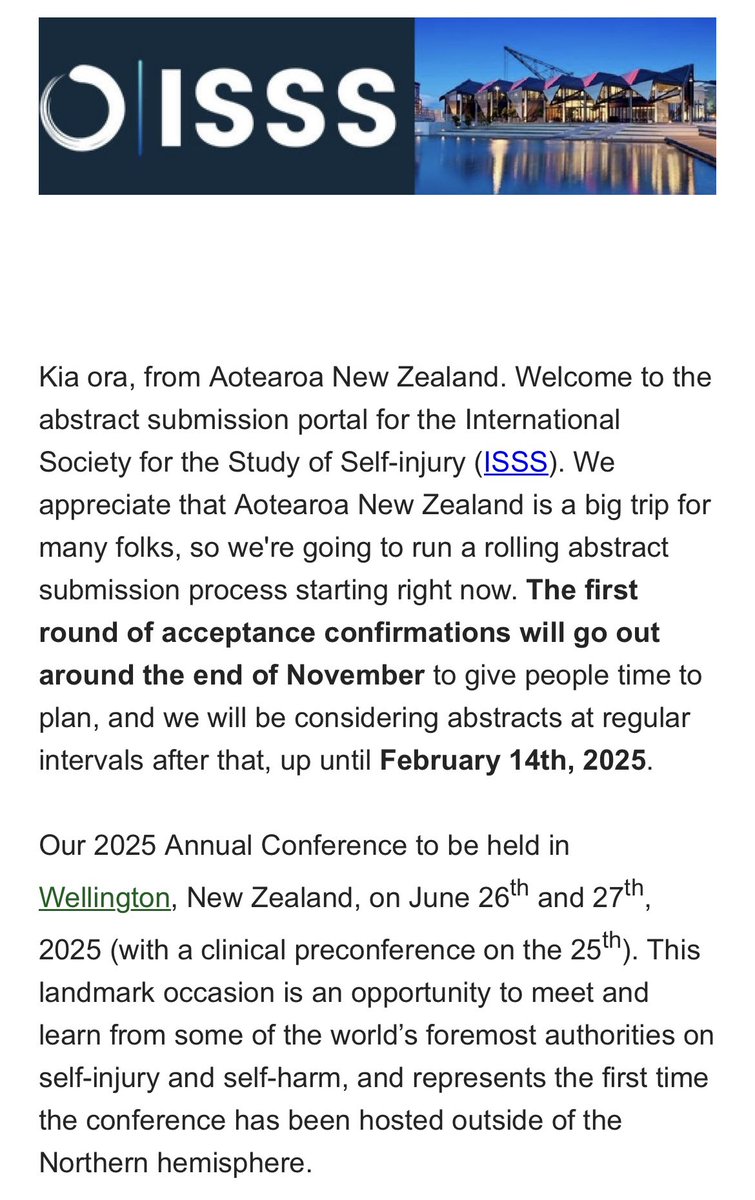 Have you started making your New Zealand plans for the 20th Annual ISSS Conference yet (Wed June 25 - Fri June 27, 2025)? Start now! To plan your visit &amp; submit a proposal for presentation, visit itriples.org/conferences/20…

#itripleS2025 #NSSI #selfharm