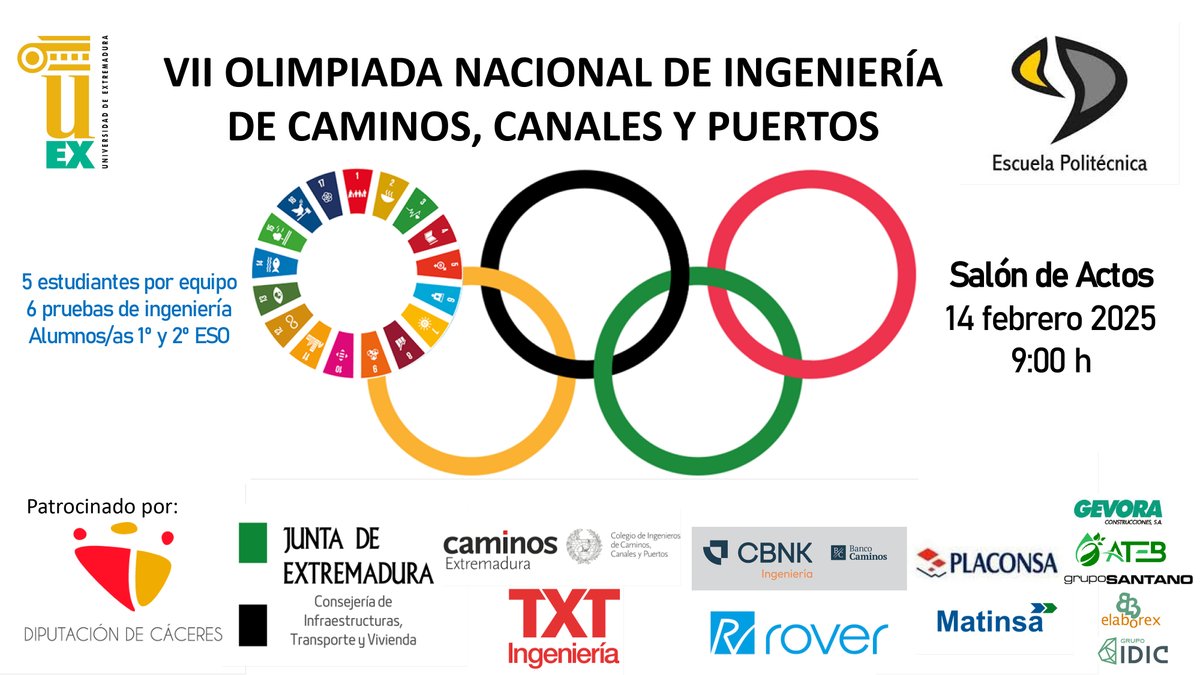 🔧🏗️ ¡Llega la VII Olimpiada Nacional de Ingeniería de Caminos, Canales y Puertos!

📅 14 de febrero | 📍 EPCC | ⏰ 9:00h

Los equipos ya están listos para enfrentarse a 6 emocionantes pruebas que pondrán a prueba su ingenio, creatividad y habilidades técnicas 👇