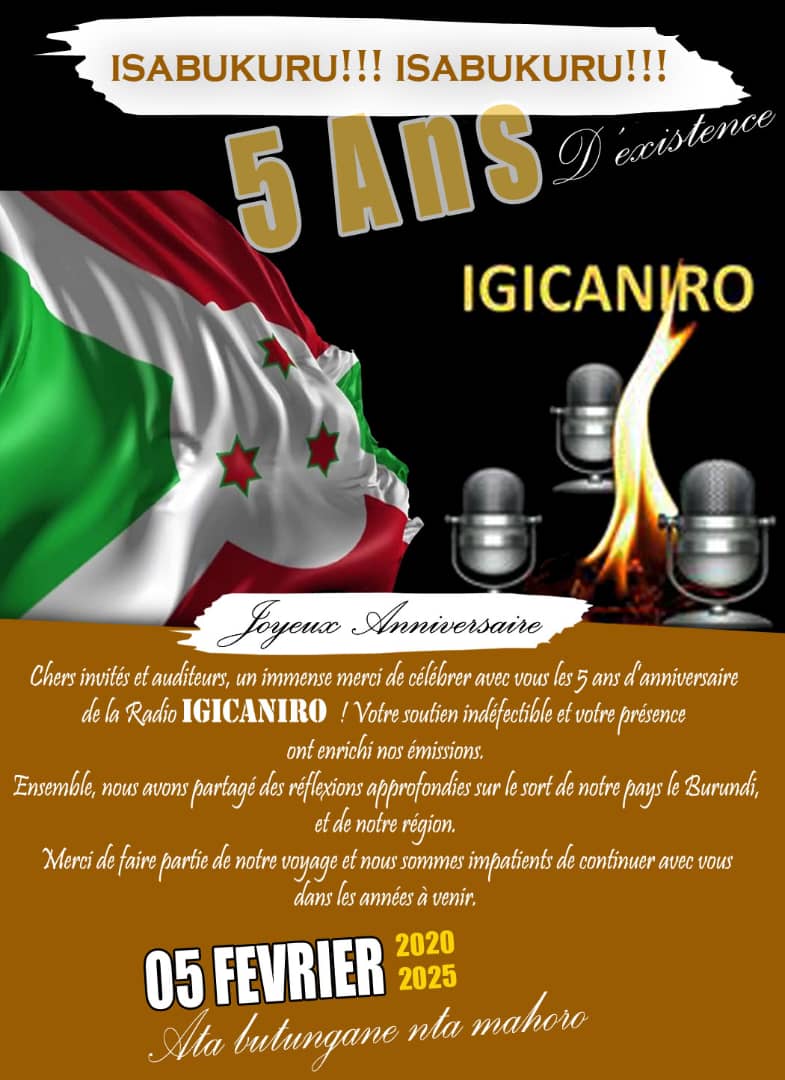 Ikiganiro kw' Isabukuru y'imyaka itanu ( 5ans ) Radio Igicaniro imaze isamirana.
Ikiyago hagati yabagize Radio Igicaniro 

*Mukaba mwifuza kuronka ibiganiro vyacu twandikire kuri +447300917275*