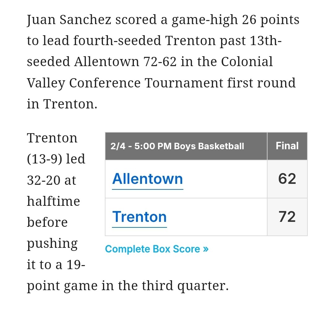 (13-9) 1st Round Win in the CVC TOURNAMENT against Allentown 72-62. Great win for us. That's 4 in a row. Let's keep it up.

🌪🏀
@Juan_notshady 26pts 4rbs 2asts 2stls 1blk

Other Key players 
<a href="/ThomasMunozII2/">Thomas</a> 17pts 5asts 4stls 1blk
Jharris Genao Ramos 9pts 7rbs 4asts 2blks 2stls
