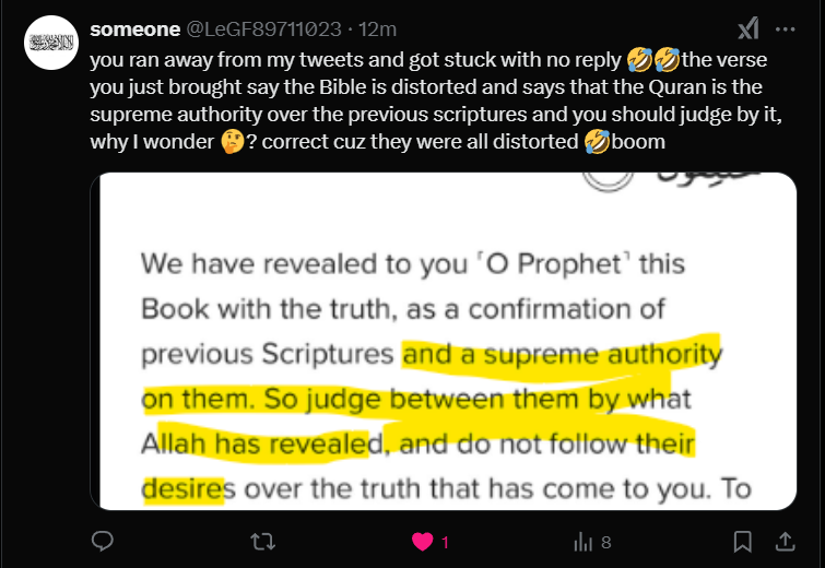 LeGF89711023's tweet photo. @SavChristIsLord @ireneeirene1 @IreneIrene002 @doctorsaeed5 @daliahmmam @bwmmd7886366971 @ahmad_alshabibi @as1409 @menisy78 @alqmszkrya3 @ahmedalbusmait @ahmedic_7 @Alexanderr9y @alsa3iq @azeeeee_4_4 @BNTFHD8888 @hashemuf1 @Fn63200171 @ElAs48035 @EFGH1100 @Lol677643328438 @manwyyl23625 @MFHD202111 @Mnds127 @Dl123ddd @Alarqb37 @JAlyamani @Kh0lediq @kh5led__ @krymrft16 @Timor_hunt_sec @KemetKemet86983 @Lion_Otaiba511 @Samsan855490 @SarabJadeed @KoftesGirgis @Abdalla10057673 @muahadabdullah0 @khadi45ja7 @QueenQueen1063 @DrEiiiid @marcelineop10 @rr1rrd @Secularism30 @3_icare @AdhamKh14914384 @Bullus313 Bud you got debunked Quran the Gospel and the Torah isn't the Bible you are keep running away cuz you got stuck 🤣🤣 you literally brought a verse that says the previous scriptures are distorted idio✝️🤣 you debunked yourself and proved the distortion of the Bible LMAO 🤣 https://t.co/pSblzILM2n