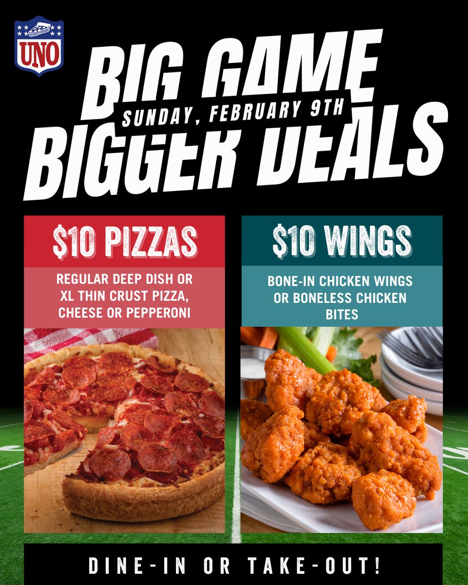 🏈🍕 A Super Deal Fit for Champs! 🍗🔥

$10 Pizza: Regular Deep Dish or XL thin crust pizza, Cheese or Pepperoni

$10 Wings: Bone-in Chicken Wings or Boneless Chicken Bites

Valid on 2/9/2025. Pricing &amp; participation may vary. #GameDayGrub #PizzaAndWings #SuperSundayEats