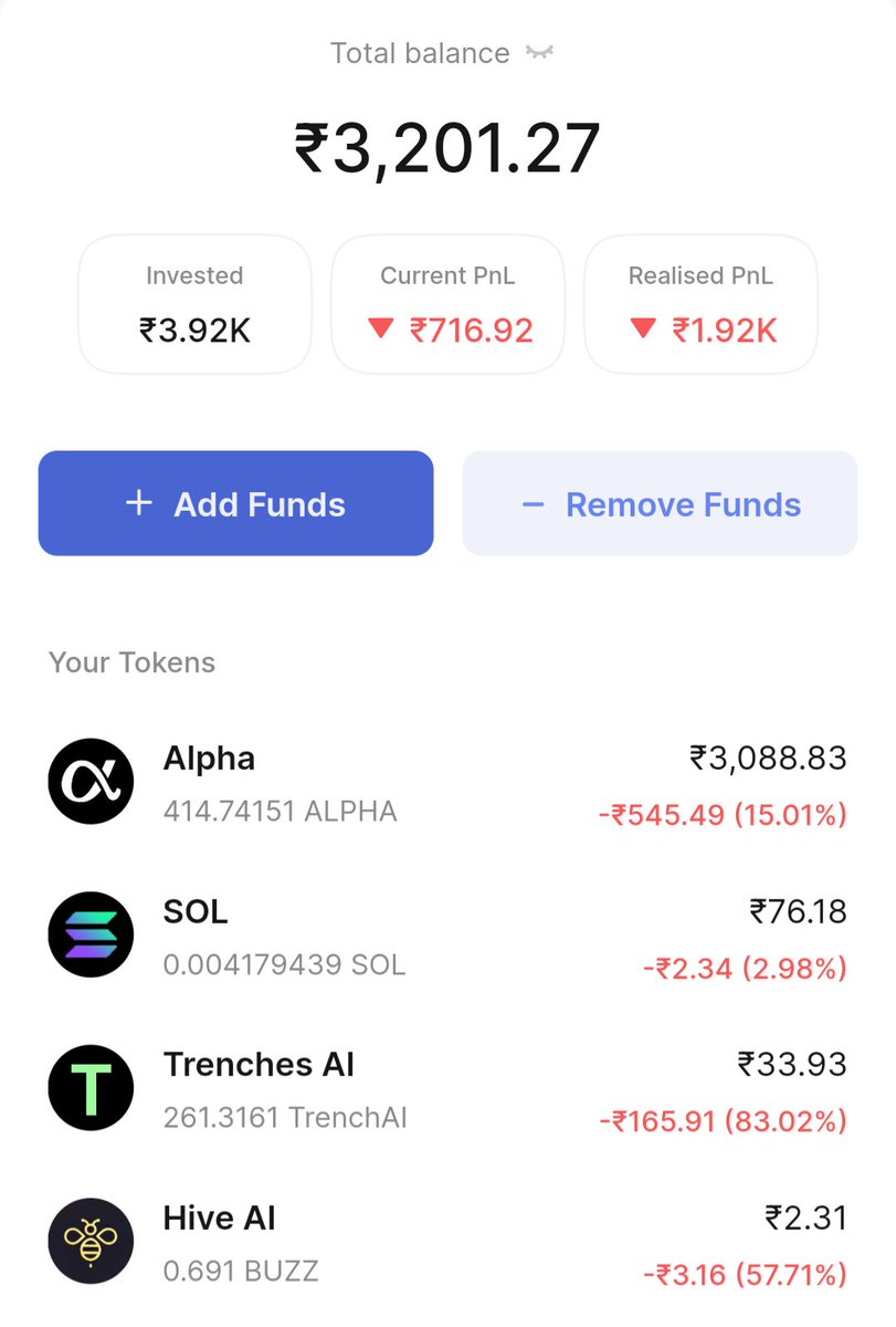 prcode02's tweet photo. @askthehive_ai was 100% up. I didn't sell. I expected more
@griffaindotcom was 50% up I didn't sell. I expected more
 I sold all of my #DeFi #DeFAI tokens at -60% loss to buy @alphaofsol and my dumbass repeated the same mistake and didn't sell at 130% .
@cryptobeastreal 
#crypto https://t.co/sR4yW72Xyg