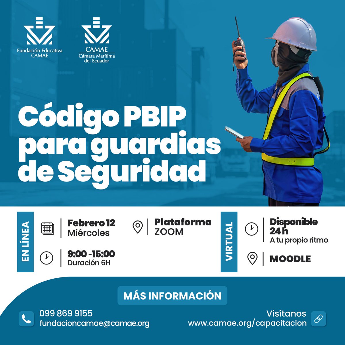 CamaraMaritimaE's tweet image. 🚨 ¡Inscríbete al curso online de Código PBIP para Guardias de Seguridad! 🚨

🔑 Aprende sobre seguridad portuaria con estándares internacionales.

📅 Fecha: 12/02/2025
💻 Modalidad: Virtual 24/7

🔗 Regístrate aquí: bit.ly/FCAMAEinfo

#CódigoPBIP #SeguridadPortuaria