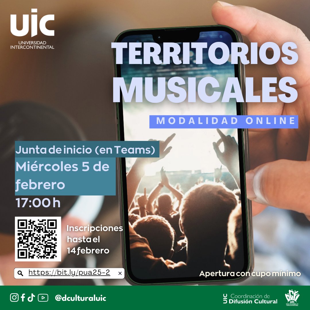 ¡ES HOY!
Asiste a la junta inicial de 𝐓𝐞𝐫𝐫𝐢𝐭𝐨𝐫𝐢𝐨𝐬 𝐌𝐮𝐬𝐢𝐜𝐚𝐥𝐞𝐬
Inscríbete y recibe la invitación al aula de Teams.
Már información e inscripciones en bit.ly/pua25-2
#CulturaUIC #TerritoriosMusicales #PrácticasUniversitariasDeArteUIC