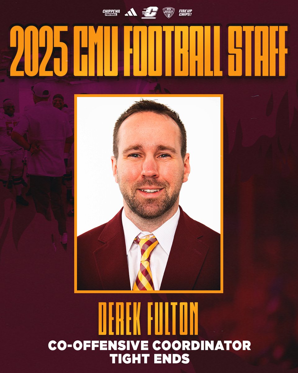 Central Michigan Football (@cmu_football) on Twitter photo π <a href="/CMUAthletics/">CMU Athletics</a>, <a href="/CMUniversity/">Central Michigan U.</a> welcomes new @cmu_football co-offensive coordinator/tight ends coach <a href="/coachdfulton/">Derek Fulton</a>!
Fulton helped guide NAIA Grand View to a 72-5 six-year record and 2024 national title as a coach, and 2013 national title as a quarterback!
#FireUpChips π₯β¬οΈπ π <a href="/CMUAthletics/">CMU Athletics</a>, <a href="/CMUniversity/">Central Michigan U.</a> welcomes new @cmu_football co-offensive coordinator/tight ends coach <a href="/coachdfulton/">Derek Fulton</a>!
Fulton helped guide NAIA Grand View to a 72-5 six-year record and 2024 national title as a coach, and 2013 national title as a quarterback!
#FireUpChips π₯β¬οΈπ