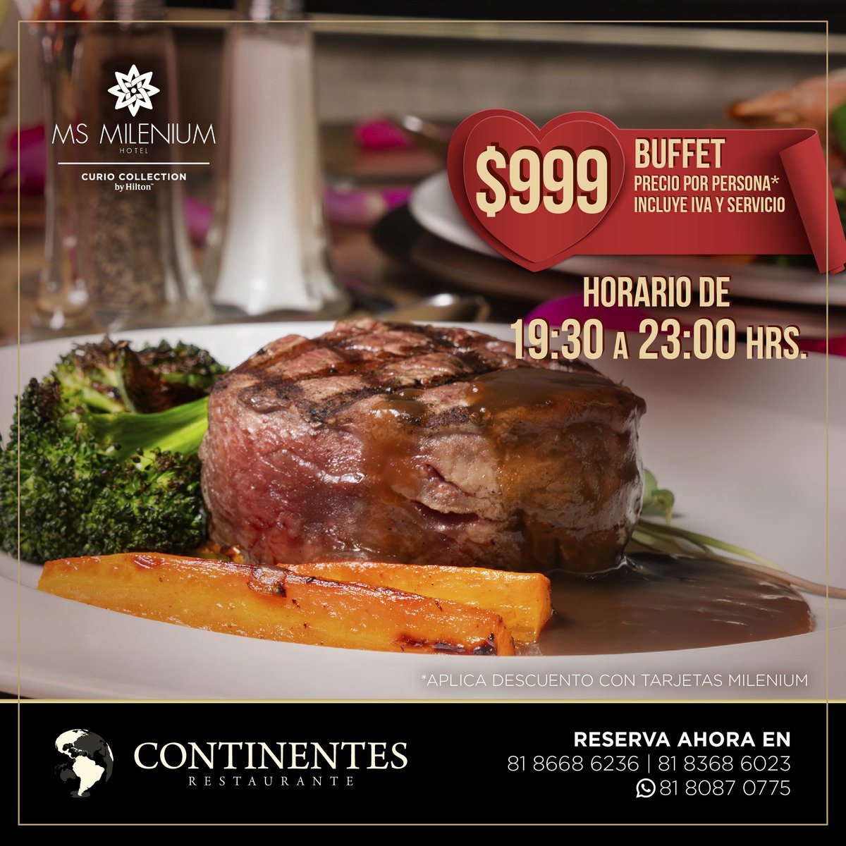 ms_milenium's tweet image. ✨ Celebra el amor con una Cena Romántica inolvidable.

Este 14 de febrero, vive una velada exclusiva en Continentes Restaurante con buffet gourmet:

📍 MS Milenium Monterrey
📲 Reserva: wa.link/jg0n4k
📞 81 8368 6000 (código PROMO MILENIUM)
#SanValentín #CenaRomántica