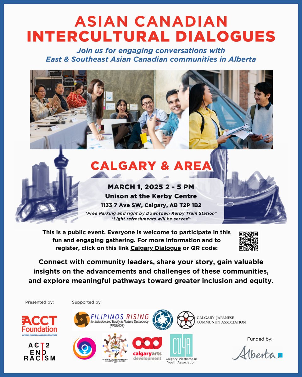 ✨ Asian Canadian Intercultural Dialogues
🗓️ Mar 1, 2025 | 2–5 PM
📍 Unison at Kerby Centre, Calgary
🚗 Free parking by Downtown Kerby Station
💬 Connect, share your story &amp; explore inclusion for East &amp; SE Asian communities.
🌐 Register: shorturl.at/RLoF0