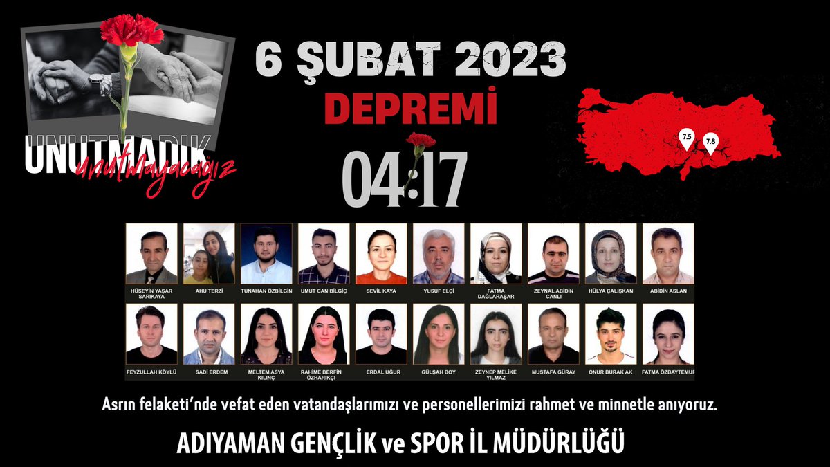 UNUTMADIK, UNUTMAYACAĞIZ...
6 Şubat 2023 - 04:17
Üzerinden iki yıl geçmesine rağmen hala yüreğimizi derinden yakan Asrın Felaketi'nde hayatını kaybeden vatandaşlarımızı ve personellerimizi rahmet ve minnetle anıyoruz. 
Mekânları cennet olsun.