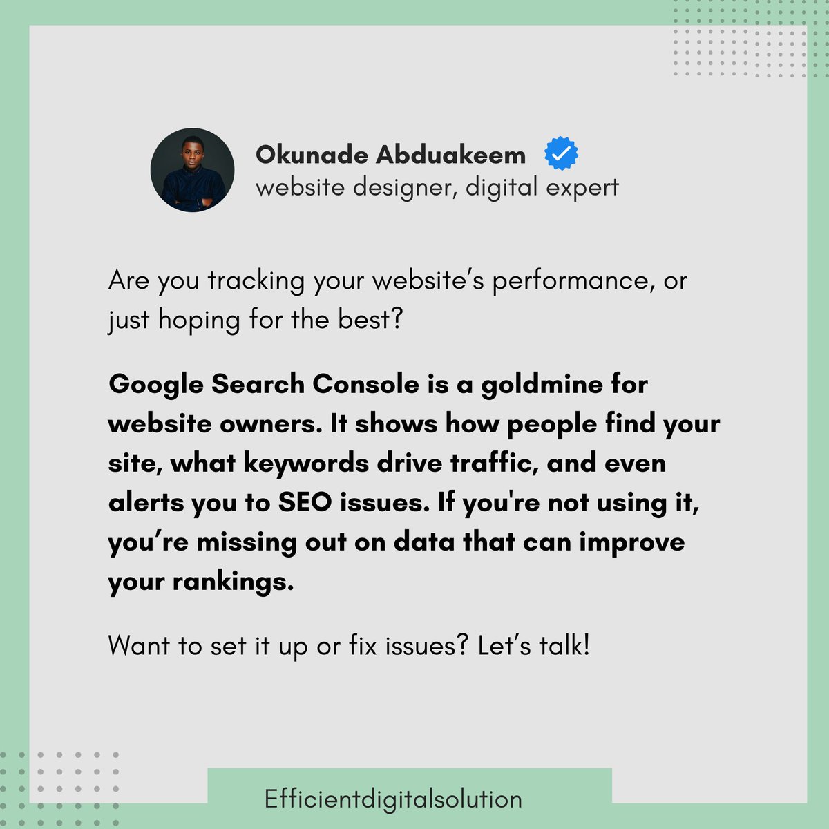 efficientraphic's tweet image. Tracking your website’s performance? 

Google Search Console helps you see what’s working and what’s not. If you’re not using it, you’re flying blind. Need help setting it up? 

Let’s talk!

linktr.ee/Okunadeabdulak…

#websitedesigner #GoogleConsole #lifecoaching #coaching #wix