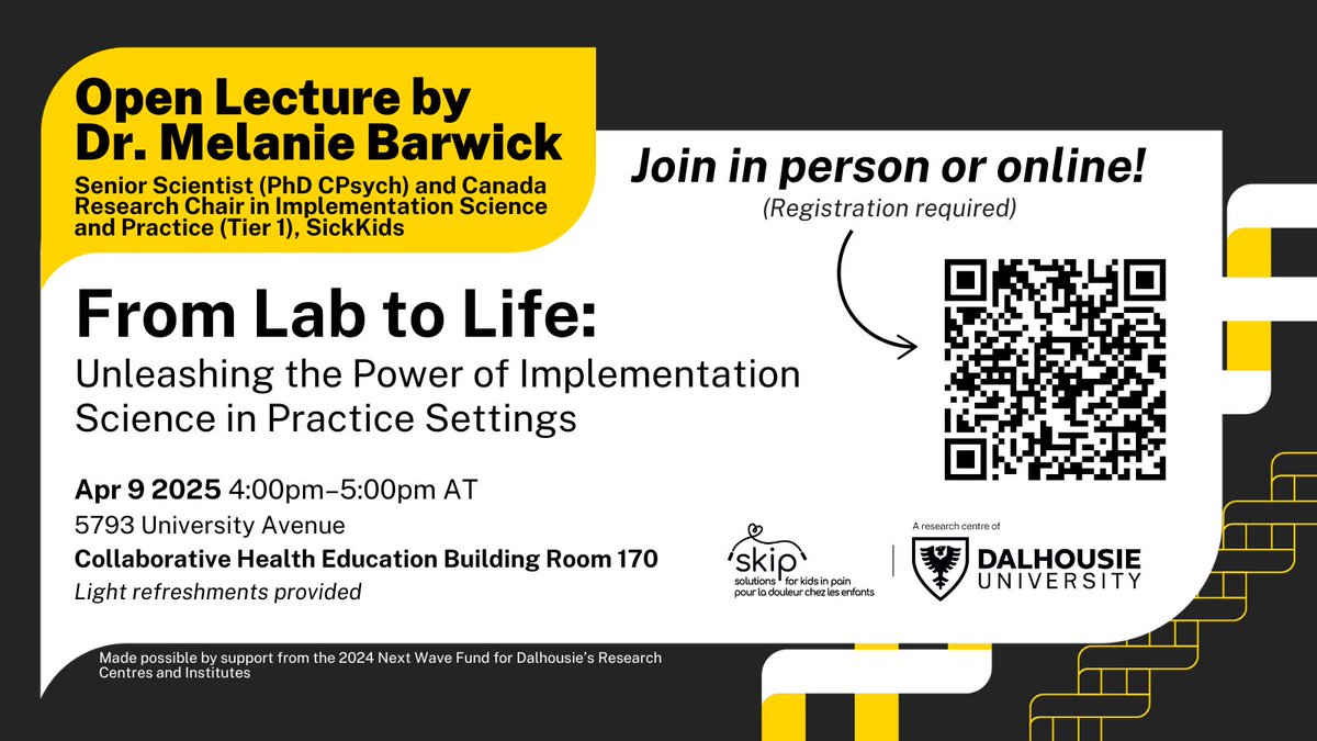 🌟 Hybrid Open Lecture by Dr. Melanie Barwick 🌟

Join us in person on the Dalhousie University Campus – Halifax, NS or virtually (Teams) on April 9, 2025, 3-4 PM ET for "From Lab to Life: Unleashing the Power of Implementation Science"!

Register here: tinyurl.com/77e55ztv