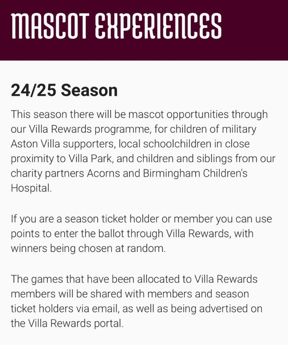 100% wrong…we do not charge for mascots at Villa!