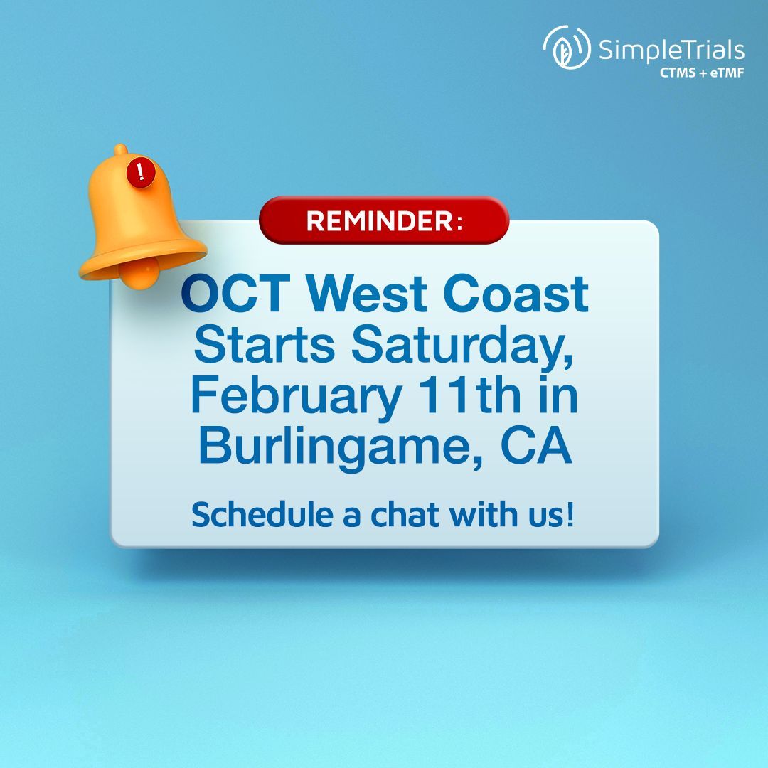 Don’t Forget! SimpleTrials will be exhibiting at #OCTWestCoast from February 11-12! Schedule a meeting with us or stop by our booth to discuss how we’re driving innovation in modern #ClinicalTrials: buff.ly/3WOjUkJ #OCT2025 #CTMS #eTMF #BioTech #ClinicalOperations