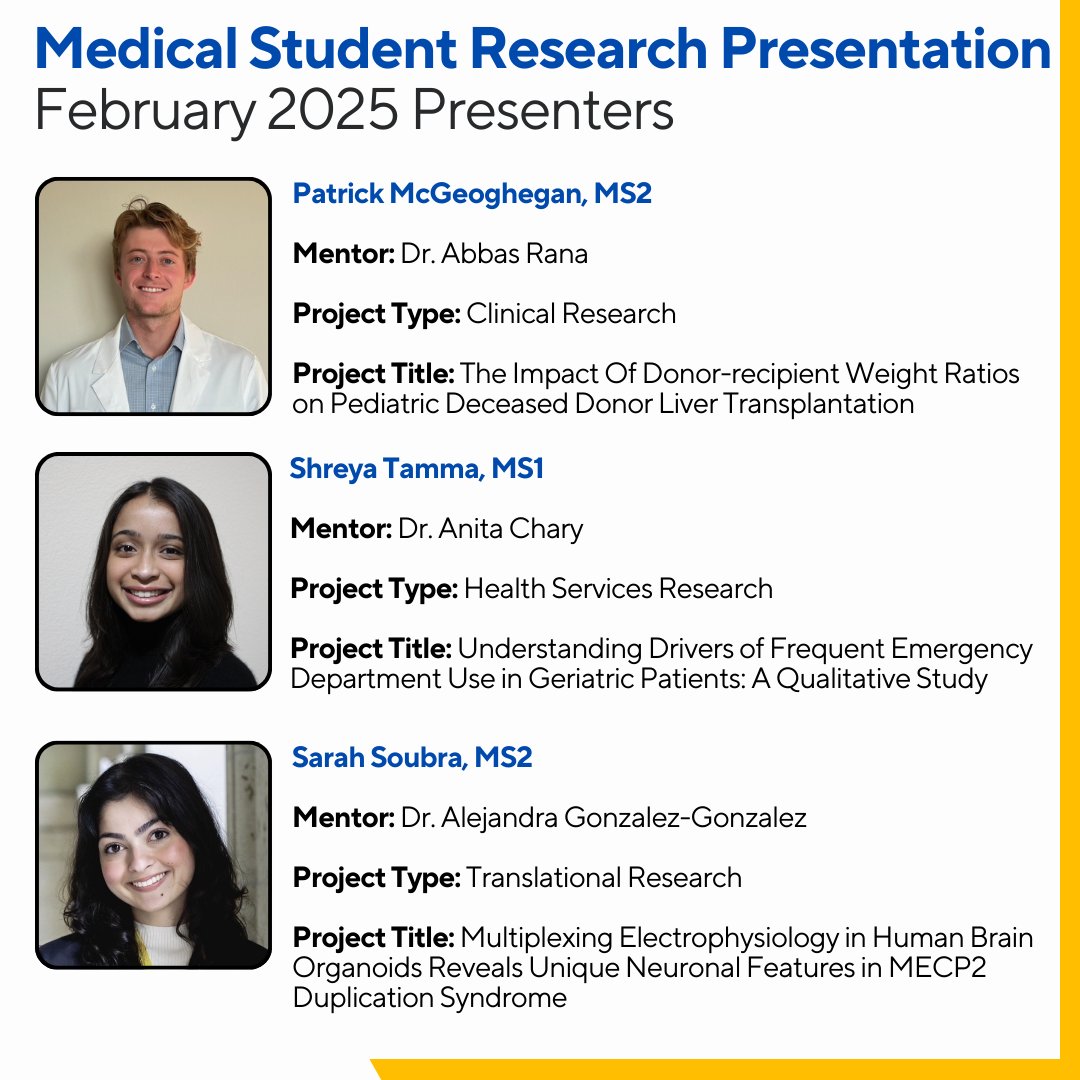 BCM_SOAR's tweet image. Join us for the Medical Student Research Presentation - February 2025 Session, where our students will showcase their projects.
💡Learn about their impactful research in clinical, health services, and translational research.
#MedicalStudents #Research #SOARatBCM