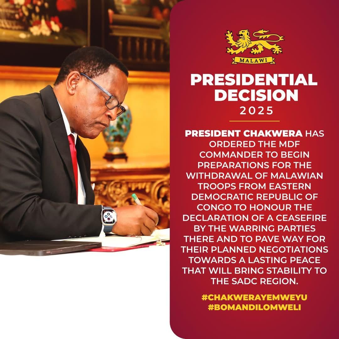 FilsDeBoncoeur's tweet photo. President of Malawi Lazarus Chakwera has ordered the withdrawal of Malawi Defence Force (MDF) troops from DR Congo. 

The MDF troops were part of the Southern African Development Community (SADC) force deployed to the DRC. https://t.co/oruoNYQiG4