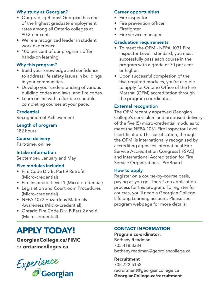 Interested in obtaining the NFPA 1031 Fire Inspector Level I certification! 

We offer it! 
Next round of courses start in May - online, in the evenings, synchronously 

NFPA 1031 Fire Inspector Level I (Micro-credential) - Georgian College