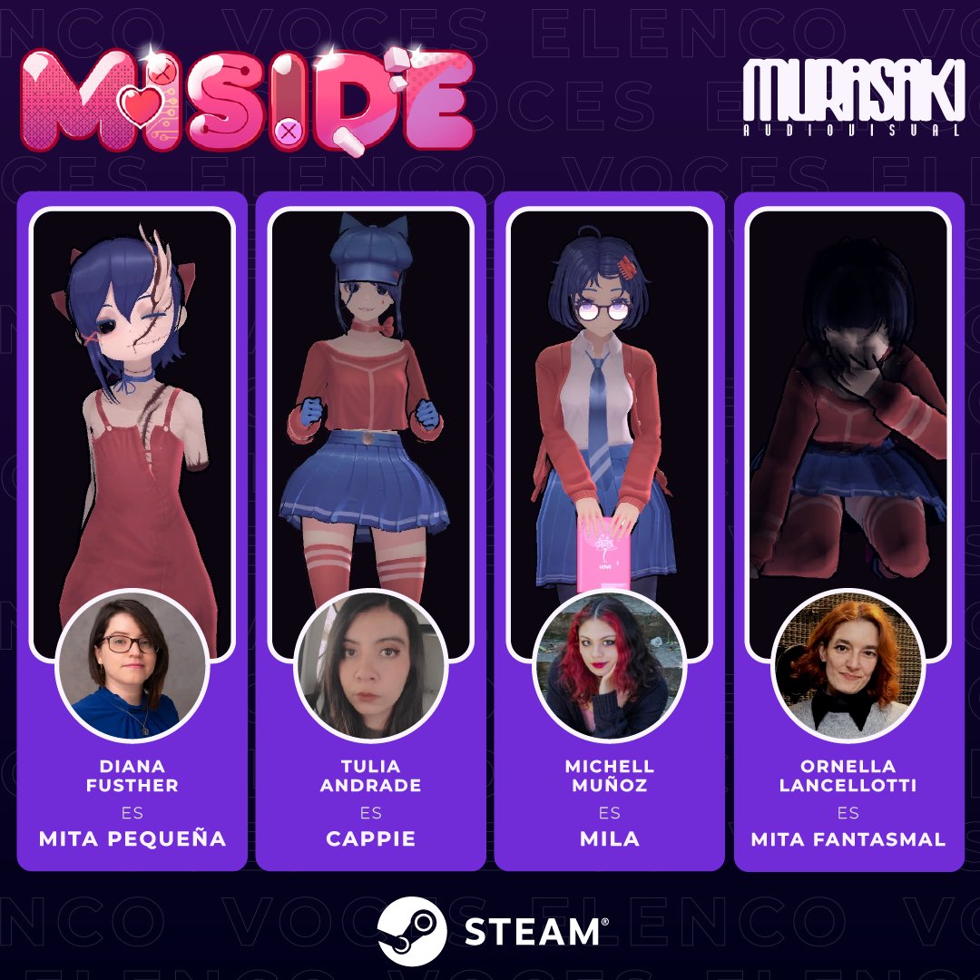 MurasakiVisual's tweet photo. Aprovechando la salida de nuestro doblaje a español latino del videojuego MiSide, les invitamos a conocer al equipo que hizo posible todo esto. 🩷💫 https://t.co/9SQZgm8kH6