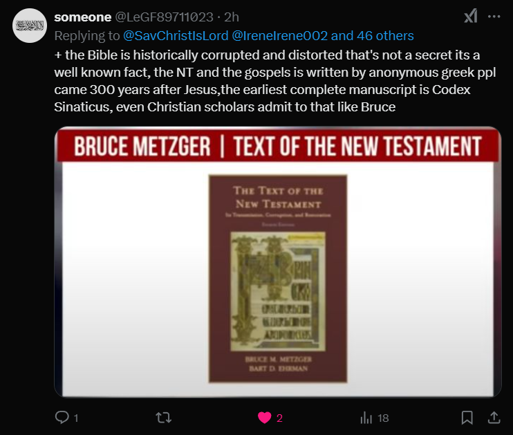 <a href="/SavChristIsLord/">JujuDefendsJesus</a> <a href="/IreneIrene002/">Mrs. Sihen 🩺</a> <a href="/ireneeirene1/">☯Madam Sihen☯</a> <a href="/doctorsaeed5/">الدكتور السعيد بن إبراهيم</a> <a href="/daliahmmam/">إِنَّ مَعِيَ رَبِّي سَيَهْدِينِ 🥺</a> <a href="/bwmmd7886366971/">ابومحمد</a> <a href="/ahmad_alshabibi/">9982</a> <a href="/as1409/">Alaa</a> <a href="/menisy78/">ahmed menisy</a> <a href="/alqmszkrya3/">القمص زكريا</a> <a href="/ahmedalbusmait/">احمد البوسميط 🇧🇭 🇰🇼🇸🇦🇦🇪</a> <a href="/ahmedic_7/">صلوا على النبي ﷺ A H M E D</a> <a href="/Alexanderr9y/">Alexander</a> <a href="/alsa3iq/">الثاقب</a> <a href="/azeeeee_4_4/">حوار مع النصارى</a> <a href="/BNTFHD8888/">🎀 شماء 🎀</a> <a href="/hashemuf1/">هاشم</a> <a href="/Fn63200171/">🇵🇸 🇪🇬 فلسطين_قضيتي...Fn</a> <a href="/ElAs48035/">Kashif El-Asrar🏴‍☠️</a> <a href="/EFGH1100/">الظِّلْ</a> <a href="/Lol677643328438/">Mohamed .Mahmood</a> <a href="/manwyyl23625/">Bob Immanuel 🏳️</a> <a href="/MFHD202111/">🇸🇦 أم فهد 🇸🇦</a> <a href="/Mnds127/">Mohammad.samraee</a> <a href="/Dl123ddd/">ابوسلطان</a> <a href="/JAlyamani/">جمال اليماني</a> @Kh0lediq <a href="/kh5led__/">kh 🏳️|الاحتياطي</a> <a href="/krymrft16/">محاور النصارى Alislamalhaq</a> <a href="/Timor_hunt_sec/">تيمور_ الثاني</a> <a href="/KemetKemet86983/">𓆎𓅓𓎡𓇽</a> <a href="/Lion_Otaiba511/">🦁</a> <a href="/Samsan855490/">Sam san</a> <a href="/SarabJadeed/">قسورة</a> <a href="/KoftesGirgis/">Koftagirgis</a> <a href="/Abdalla10057673/">عبدالله سعيد</a> <a href="/muahadabdullah0/">موحد أبن عبدألُلهـ ألحجأج</a> @khadi45ja7 <a href="/QueenQueen1063/">AMALIA_أماليا</a> <a href="/DrEiiiid/">Dř Eid د.؏ــۑْۧــدُ</a> @marcelineop10 <a href="/rr1rrd/">رد على شبهة</a> <a href="/Secularism30/">وهم العلمانية | شبهات وأكاذيب</a> <a href="/3_icare/">طالب علم - شُبهات</a> <a href="/AdhamKh14914384/">شُبهة و رَد</a> <a href="/Bullus313/">Bullus313</a> Christian textual scholars admitting that the Bible is corrupted like Bruce, read below and stop being so afraid and in denial 😆