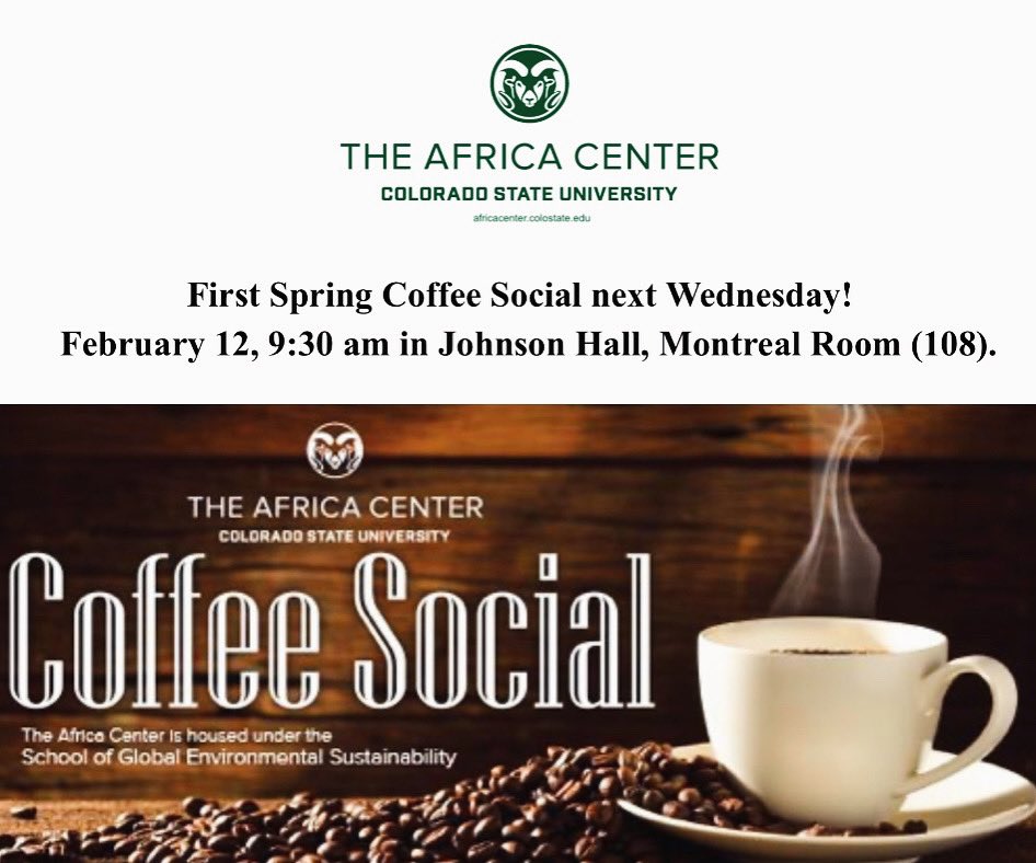 Hello everyone!

Join us next Wednesday for our first monthly Coffee Social of the semester!

Share ideas, stories, and research on Africa!

Freshly brewed African coffee and tea will be served with juice and breakfast snacks.