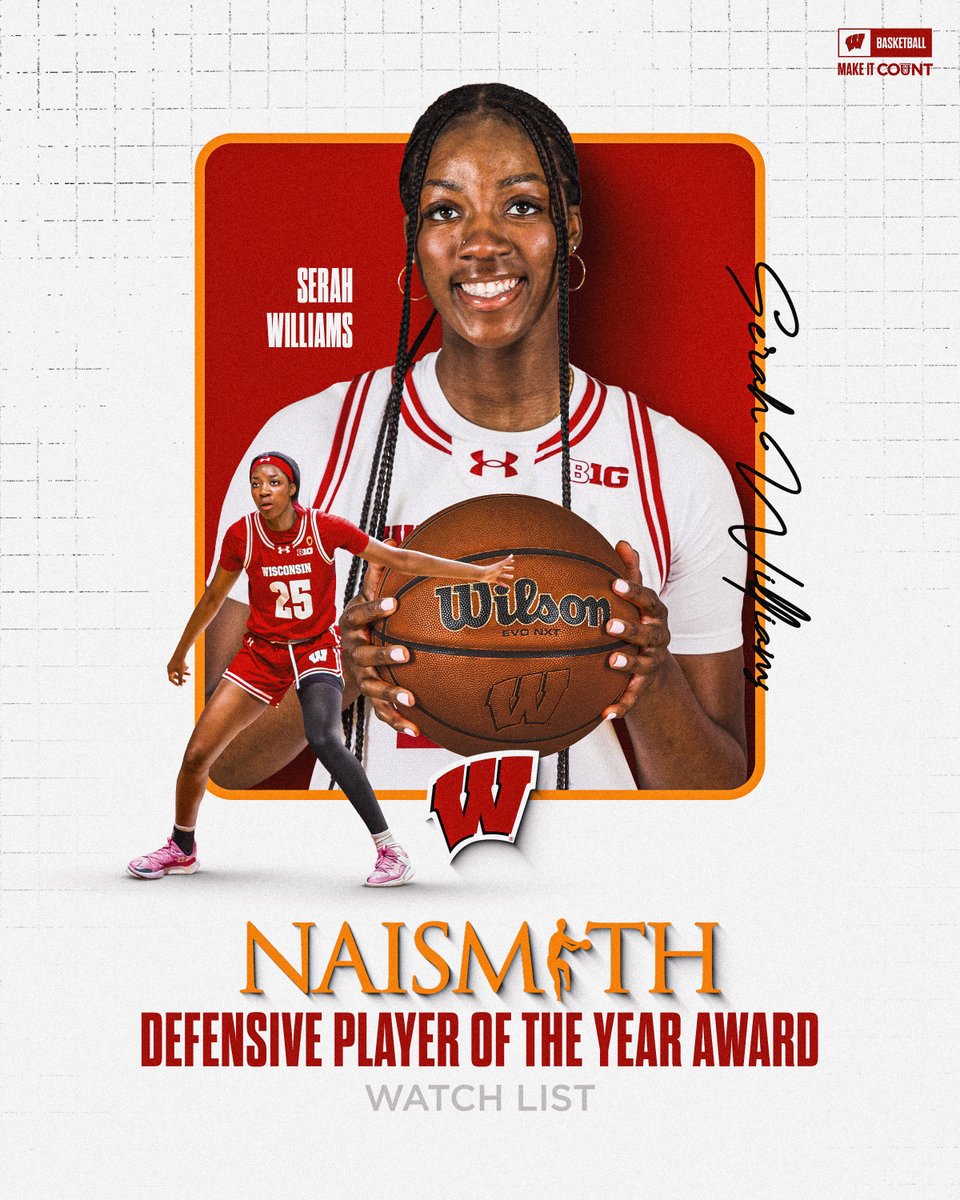 Wisconsin Womenâs Basketball (@badgerwbb) on Twitter photo Big congratulations to <a href="/SerahWilliams25/">Serah Williams</a> for making the Naismith Defensive Player of the Year Watch List!
#OnWisconsin Big congratulations to <a href="/SerahWilliams25/">Serah Williams</a> for making the Naismith Defensive Player of the Year Watch List!
#OnWisconsin
