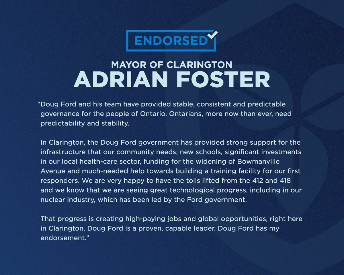 Ontario PC Party (@ontariopcparty) on Twitter photo “Doug Ford is a proven, capable leader.”
We are pleased to receive the endorsement of <a href="/ClaringtonAF/">Adrian Foster</a> who believes in our plan to protect Ontario. “Doug Ford is a proven, capable leader.”
We are pleased to receive the endorsement of <a href="/ClaringtonAF/">Adrian Foster</a> who believes in our plan to protect Ontario.