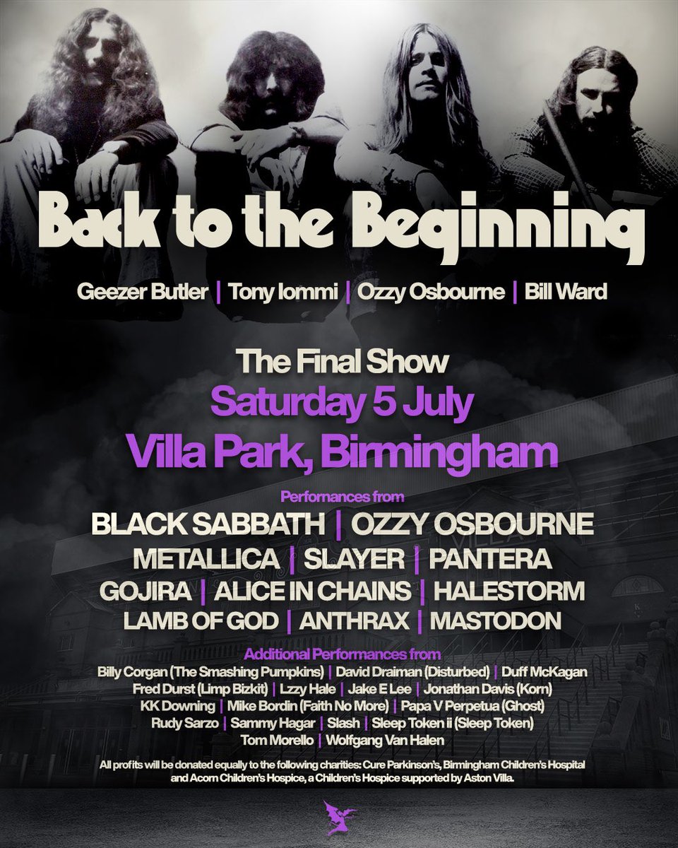 billwarddrums's tweet image. Black Sabbath Announce ‘Back To The Beginning’
Icons of Metal come together to celebrate Black Sabbath's Final Performance - July 5th at Villa Park
All Profits From The Show Will Be SHARED EQUALLY BETWEEN Cure Parkinson’s, Birmingham Children’s Hospital and Acorn Children’s…