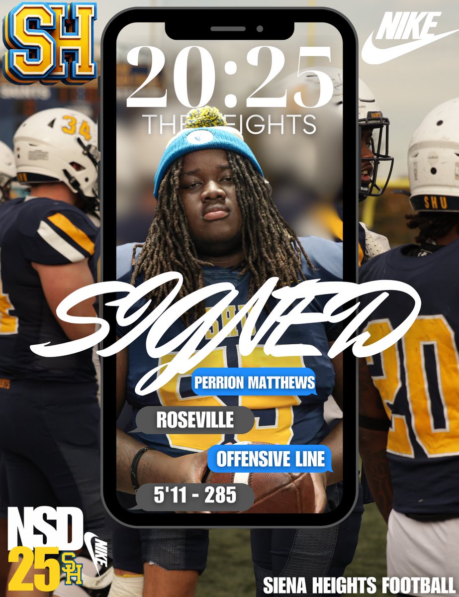 Siena Heights University Football (@sienaheightsfb) on Twitter photo 📝SIGNED
It’s official <a href="/PerrionMatthews/">Perrion(pj)Matthews</a> is now a Saint!
Welcome to the Saints family!
#JoinTheHunt🐺 #ONE💙💛 📝SIGNED
It’s official <a href="/PerrionMatthews/">Perrion(pj)Matthews</a> is now a Saint!
Welcome to the Saints family!
#JoinTheHunt🐺 #ONE💙💛